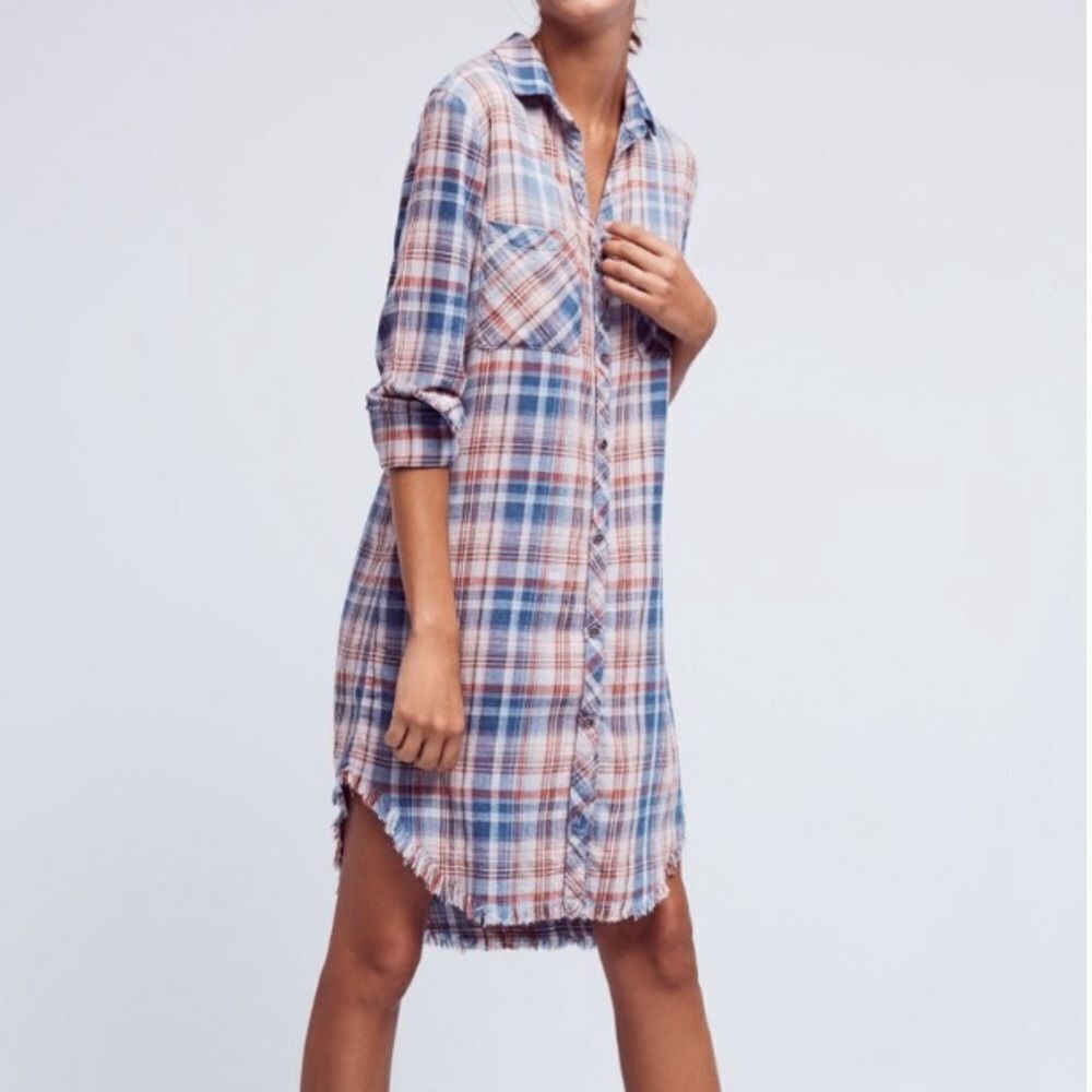Anthropologie Cloth & Stone Fringed Plaid Button Down Shirt Dress in Size XS
